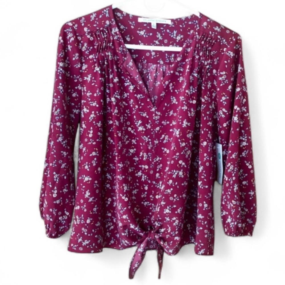 Collective Concepts NWT Floral Tie Hem Blouse Small Maroon Cottagecore Boho